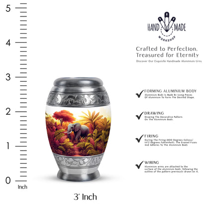 Gleaming Silver Elephant Cremation Urn lifestyle display on memorial shelf - ornate monarch-style elephant relief on brushed aluminum - mini keepsake memorial for portion of cremation ashes
