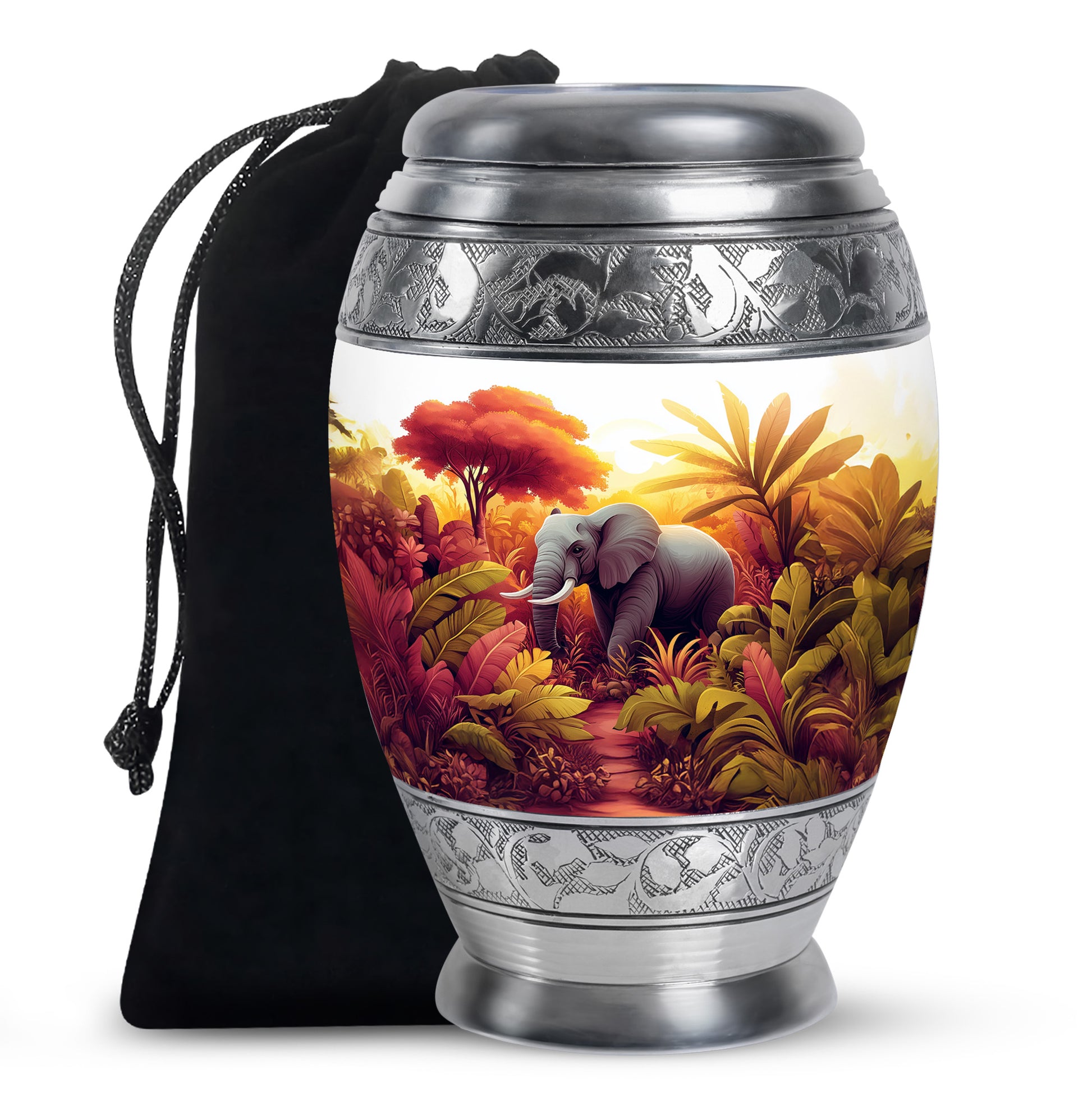 Platinum Silver Elephant Cremation Urn back view with polished surface - regal elephant design with crown-inspired accents - full-size 10 inch 200 cubic inch adult cremation urn