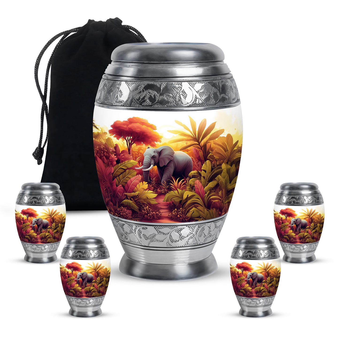 Gleaming Silver Elephant Cremation Urn detail view - regal elephant design with crown-inspired accents - memorial set with one large and four small urns