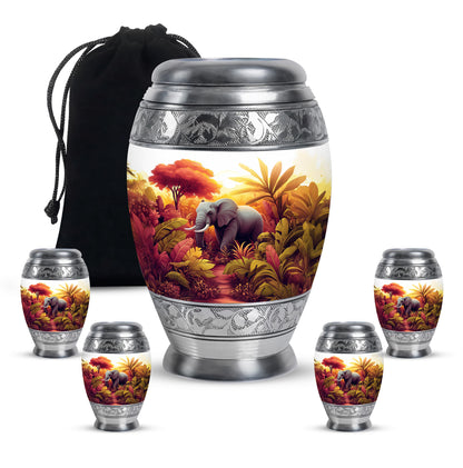 Gleaming Silver Elephant Cremation Urn detail view - regal elephant design with crown-inspired accents - memorial set with one large and four small urns