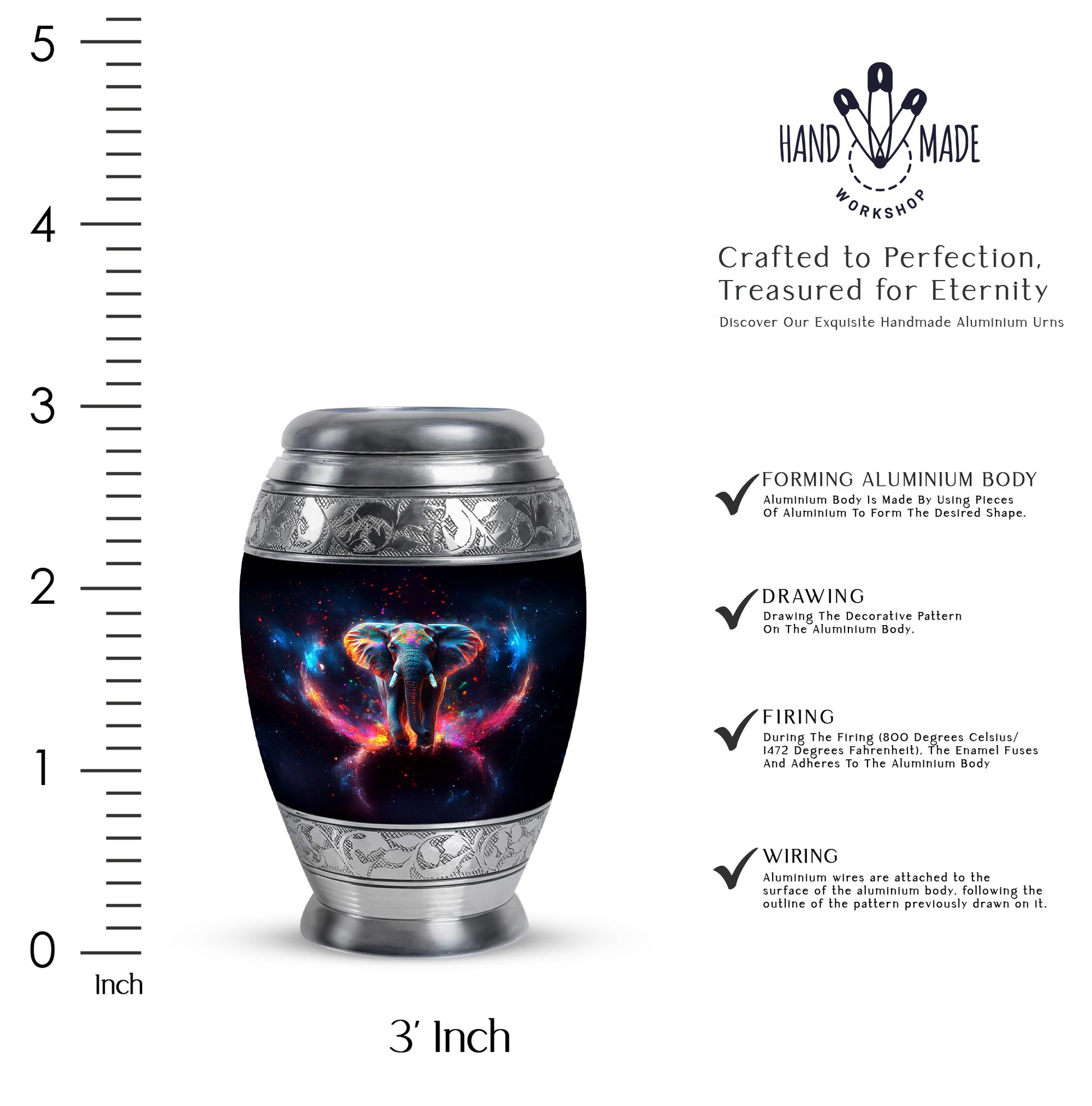 Rich Black Elephant Cremation Urn lifestyle display on memorial shelf - ornate monarch-style elephant relief on brushed aluminum - mini keepsake memorial for portion of cremation ashes