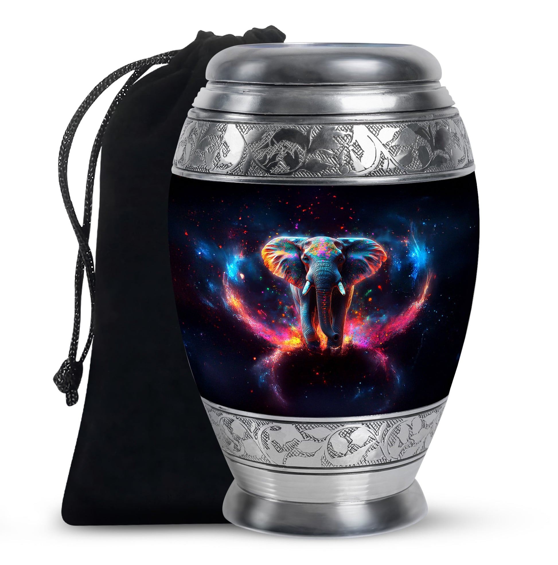 Obsidian Black Elephant Cremation Urn back view with polished surface - majestic elephant pattern with filigree border - full-size 10 inch 200 cubic inch adult cremation urn