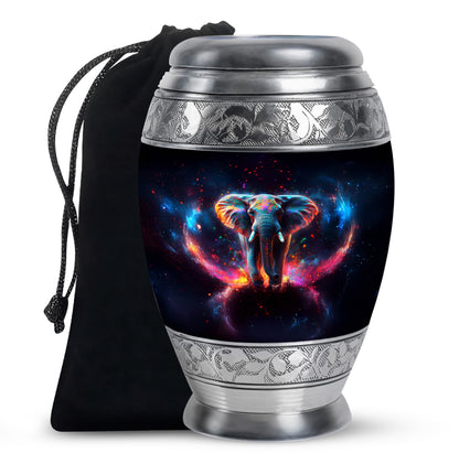 Obsidian Black Elephant Cremation Urn back view with polished surface - majestic elephant pattern with filigree border - full-size 10 inch 200 cubic inch adult cremation urn