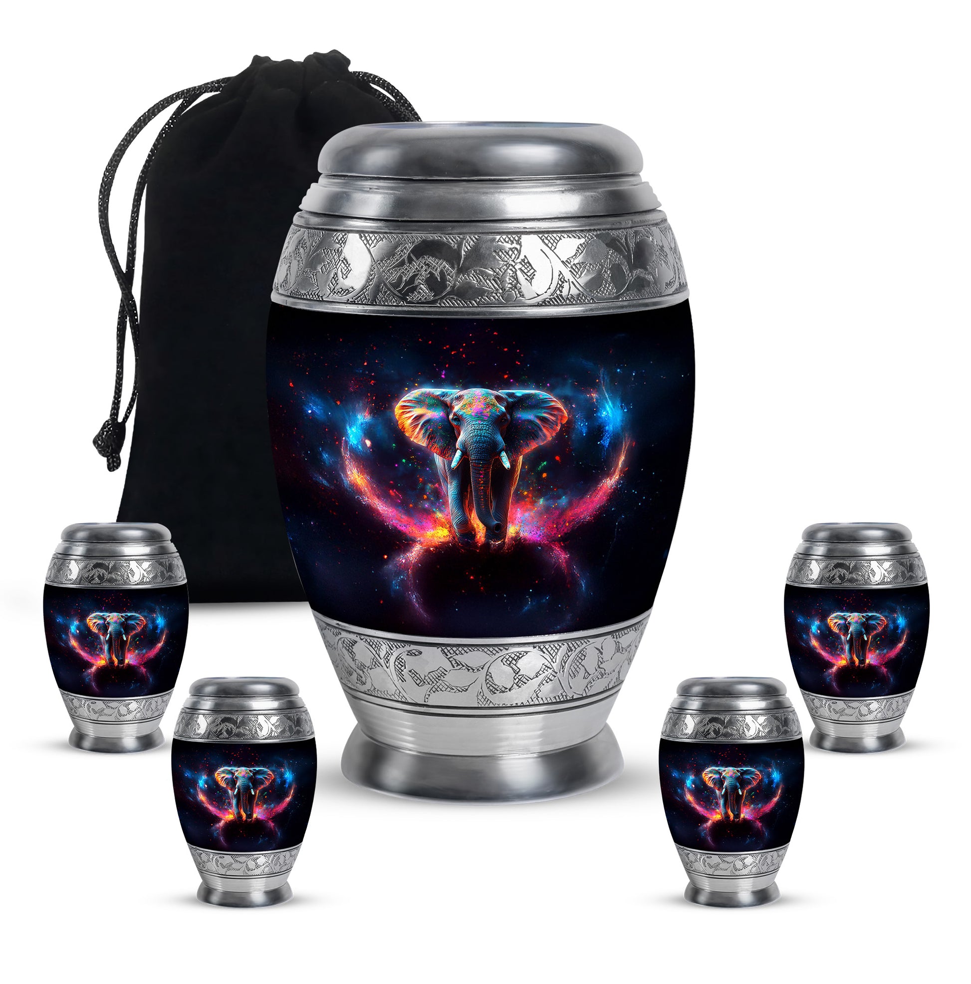 Rich Black Elephant Cremation Urn detail view - ornate monarch-style elephant relief on brushed aluminum - memorial set with one large and four small urns