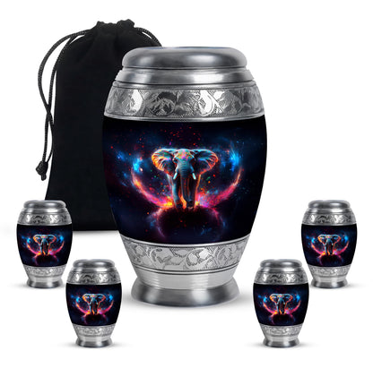 Rich Black Elephant Cremation Urn detail view - ornate monarch-style elephant relief on brushed aluminum - memorial set with one large and four small urns