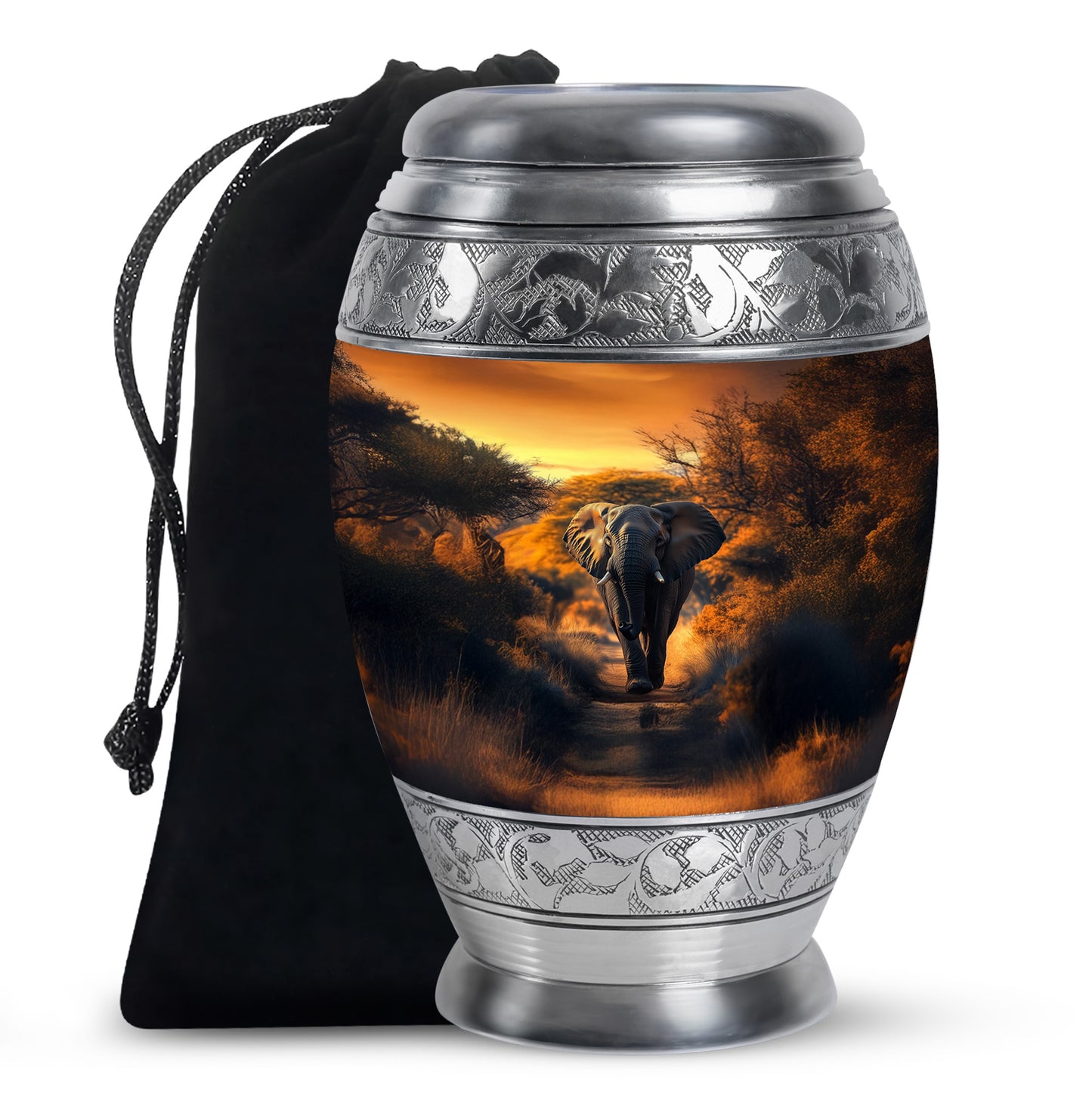 Sunrise Gold Elephant Cremation Urn back view with polished surface - regal elephant design with crown-inspired accents - full-size 10 inch 200 cubic inch adult cremation urn