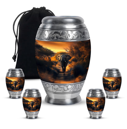 Sunrise Gold Elephant Cremation Urn detail view - regal elephant design with crown-inspired accents - memorial set with one large and four small urns