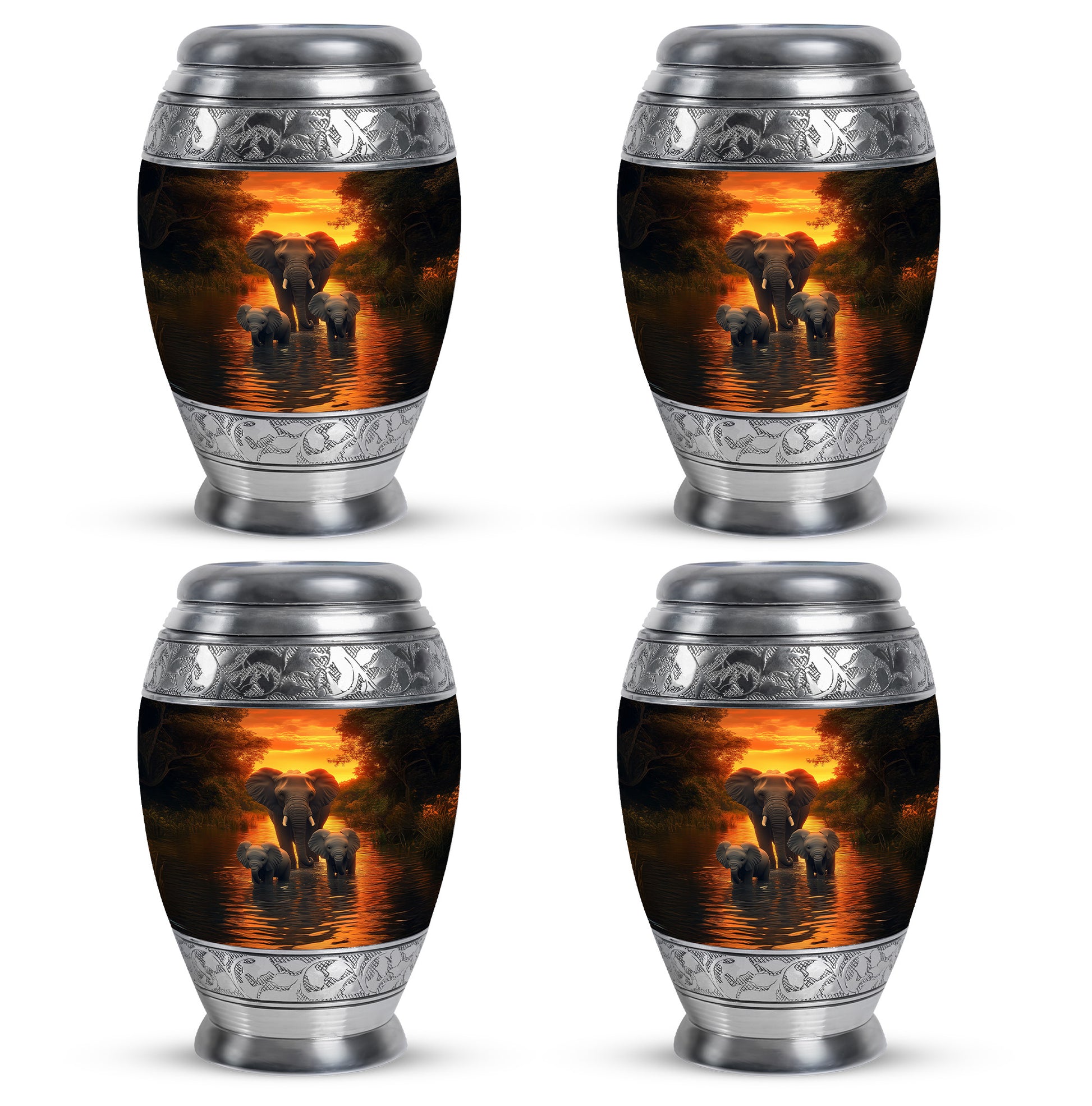 Burnished Gold Elephant Cremation Urn urn with complimentary velvet bag - royal elephant engraving with decorative scrollwork - 10 inch aluminum urn for cremated remains