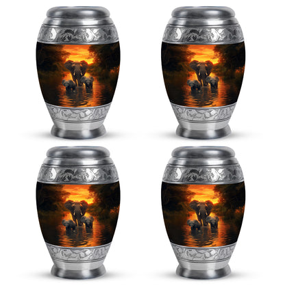 Burnished Gold Elephant Cremation Urn urn with complimentary velvet bag - royal elephant engraving with decorative scrollwork - 10 inch aluminum urn for cremated remains