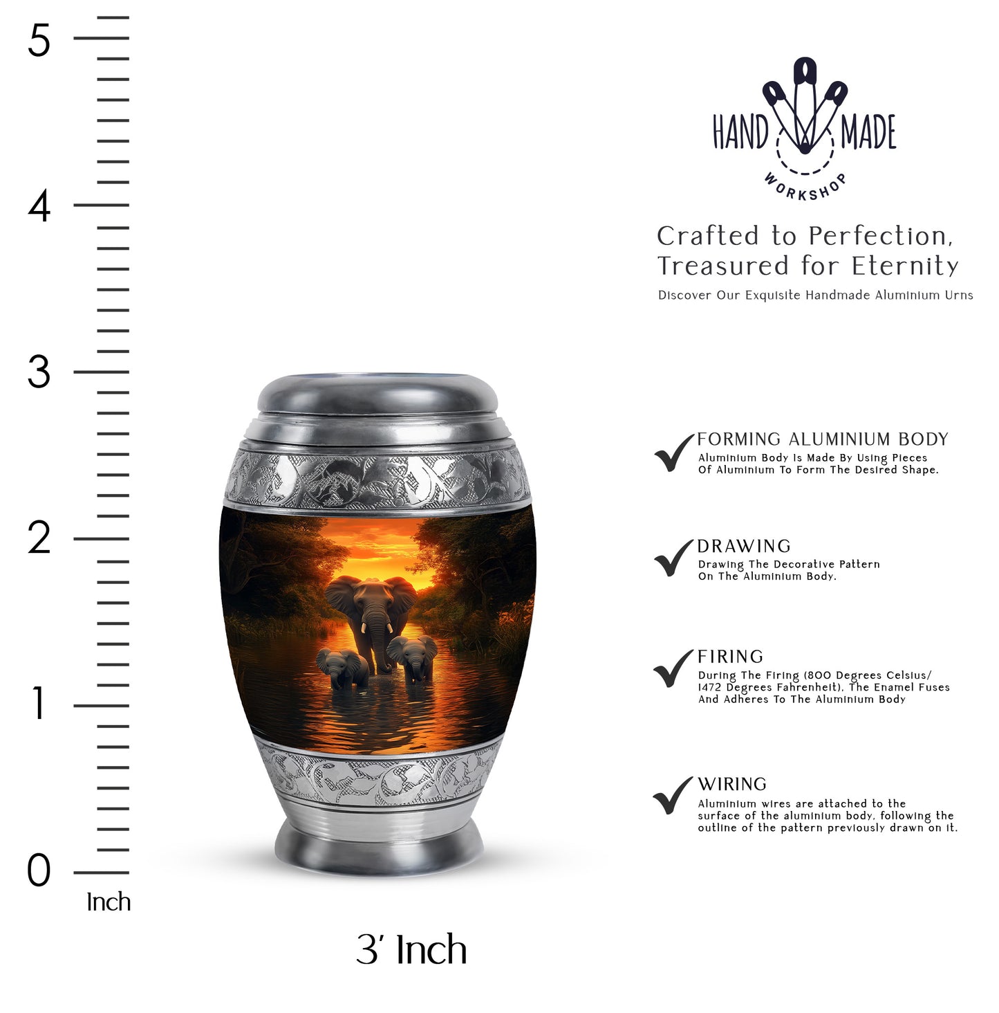 Royal Gold Elephant Cremation Urn lifestyle display on memorial shelf - majestic elephant pattern with filigree border - mini keepsake memorial for portion of cremation ashes