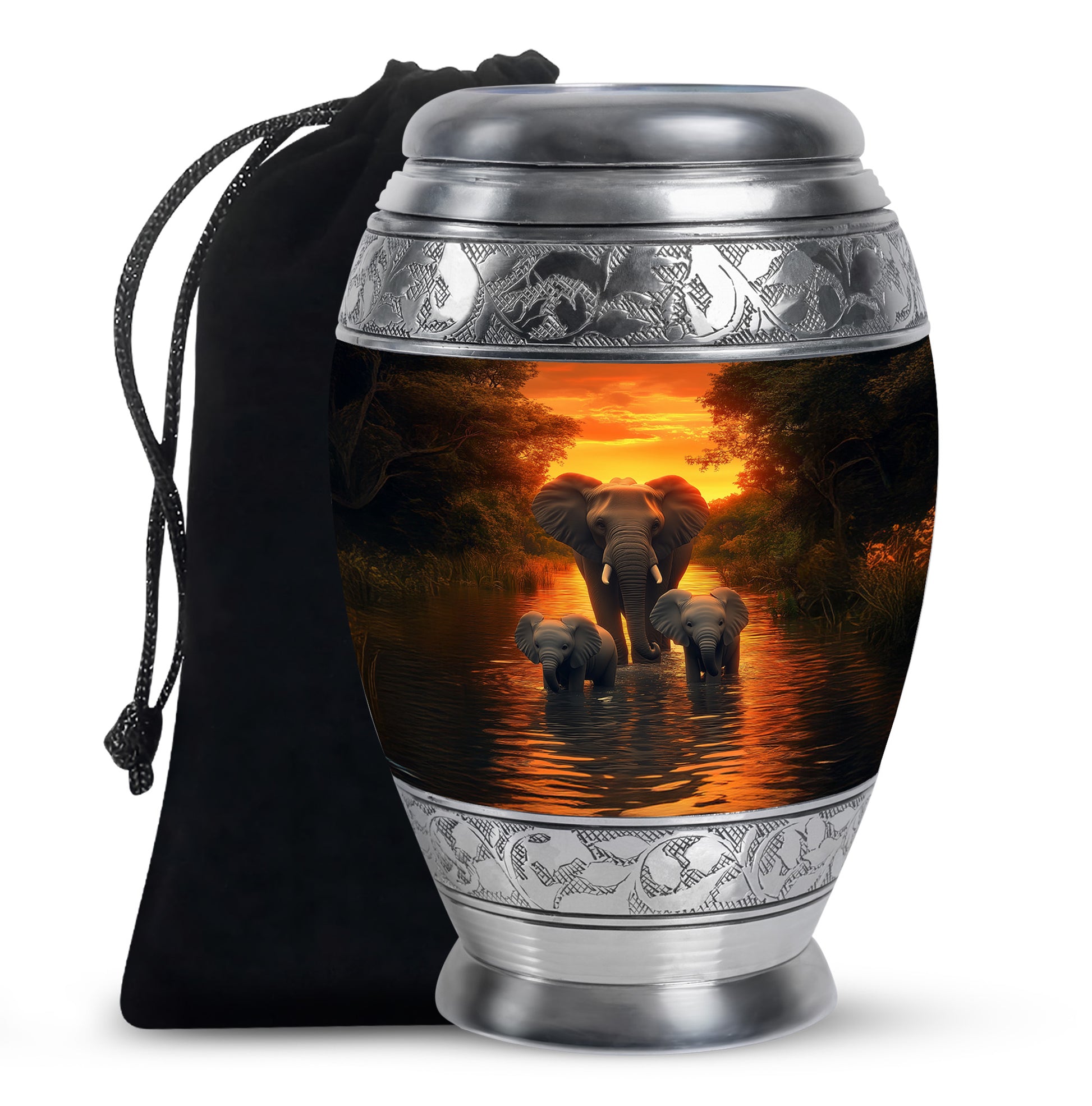 Matte Gold Elephant Cremation Urn back view with polished surface - royal elephant engraving with decorative scrollwork - full-size 10 inch 200 cubic inch adult cremation urn