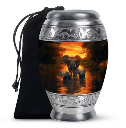 Matte Gold Elephant Cremation Urn back view with polished surface - royal elephant engraving with decorative scrollwork - full-size 10 inch 200 cubic inch adult cremation urn