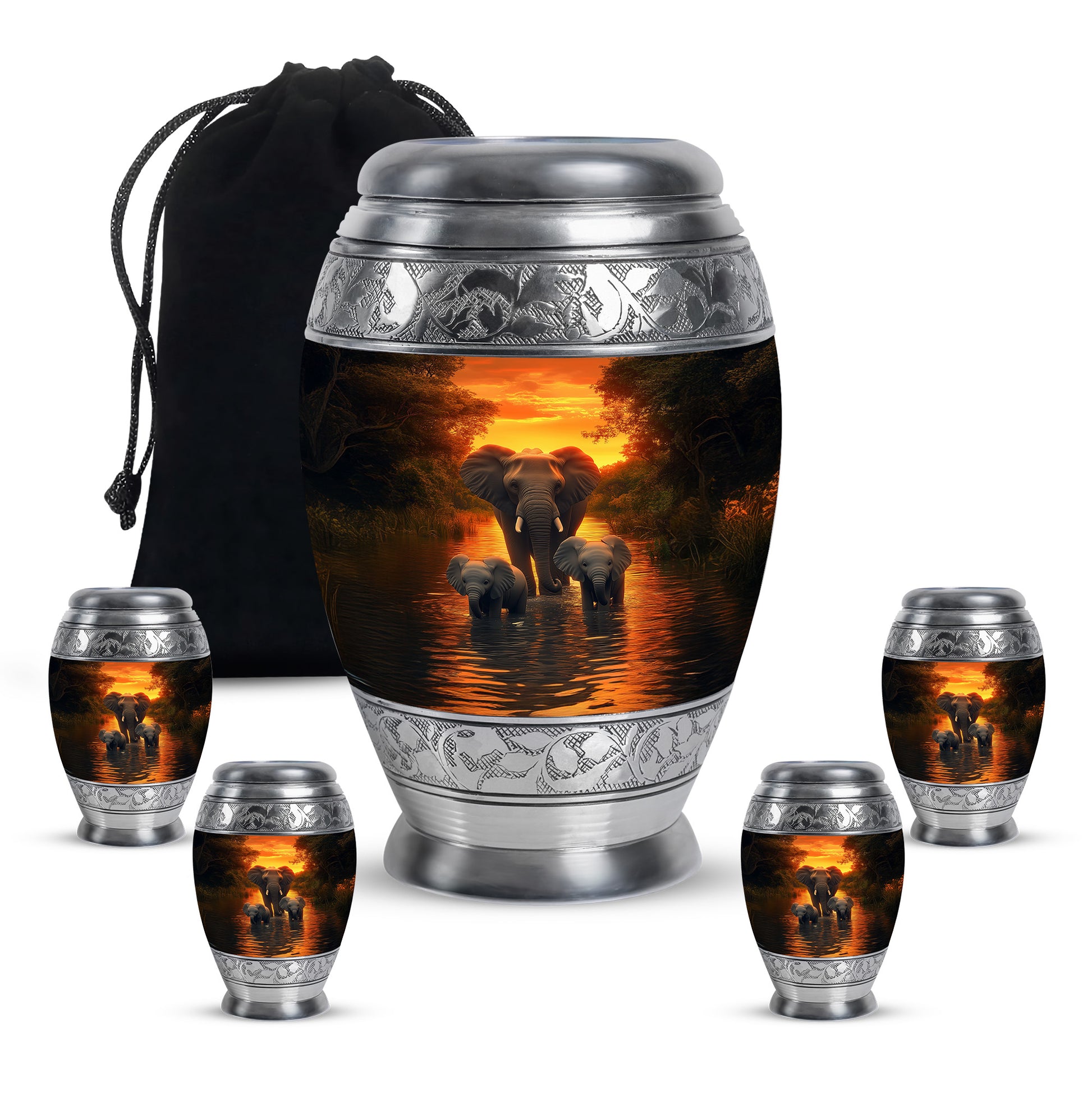 Amber Gold Elephant Cremation Urn detail view - regal elephant design with crown-inspired accents - memorial set with one large and four small urns