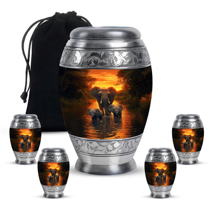 Amber Gold Elephant Cremation Urn detail view - regal elephant design with crown-inspired accents - memorial set with one large and four small urns