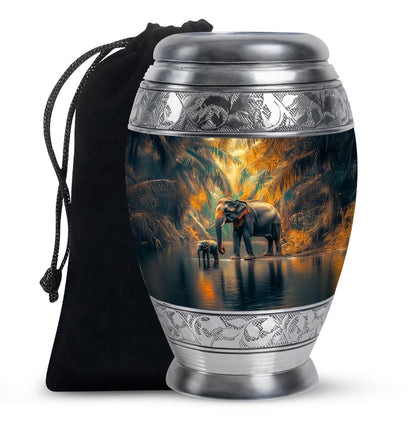 Cool Teal Elephant Cremation Urn back view with polished surface - ornate monarch-style elephant relief on brushed aluminum - full-size 10 inch 200 cubic inch adult cremation urn
