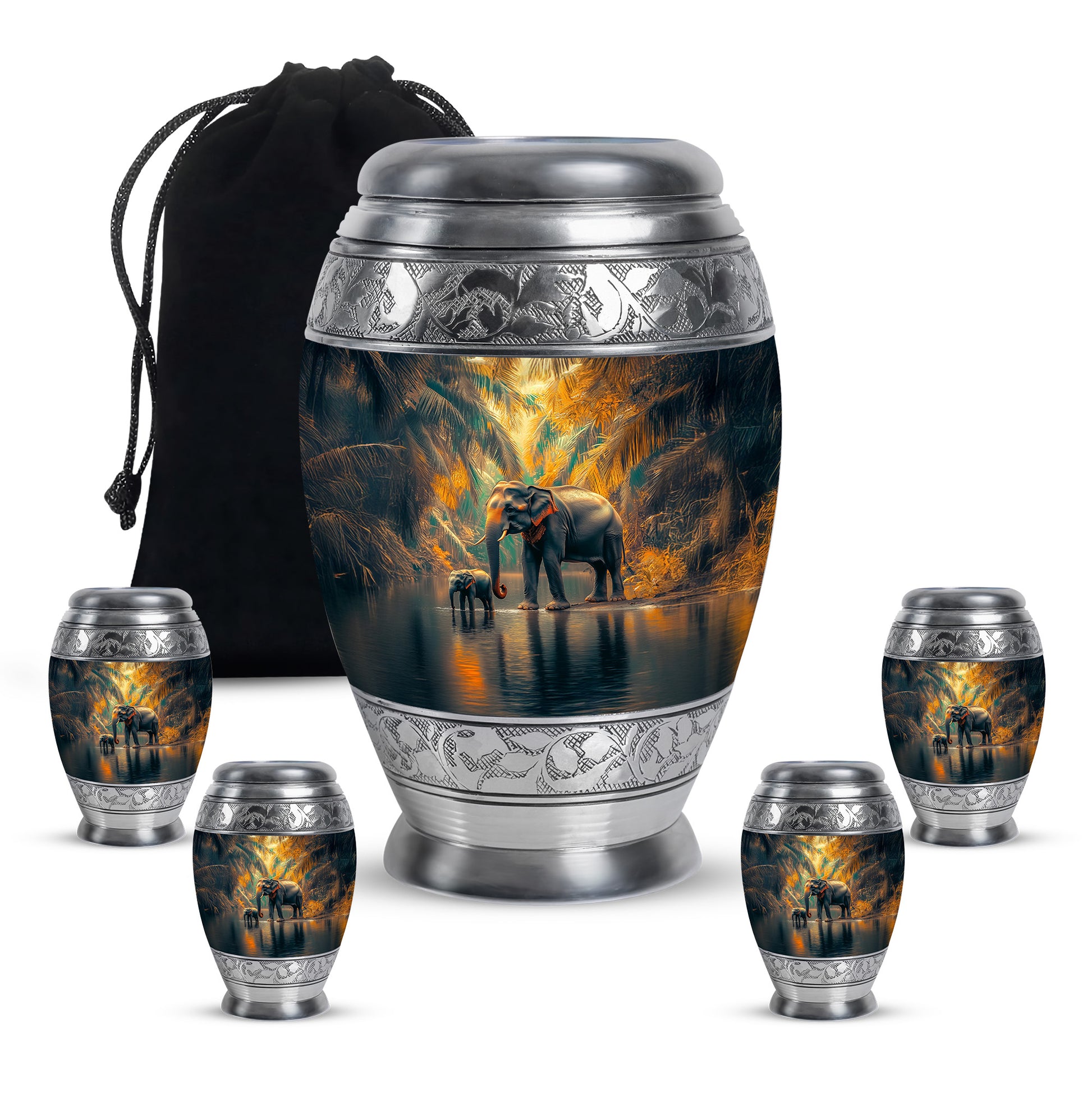 Vivid Teal Elephant Cremation Urn detail view - royal elephant engraving with decorative scrollwork - memorial set with one large and four small urns
