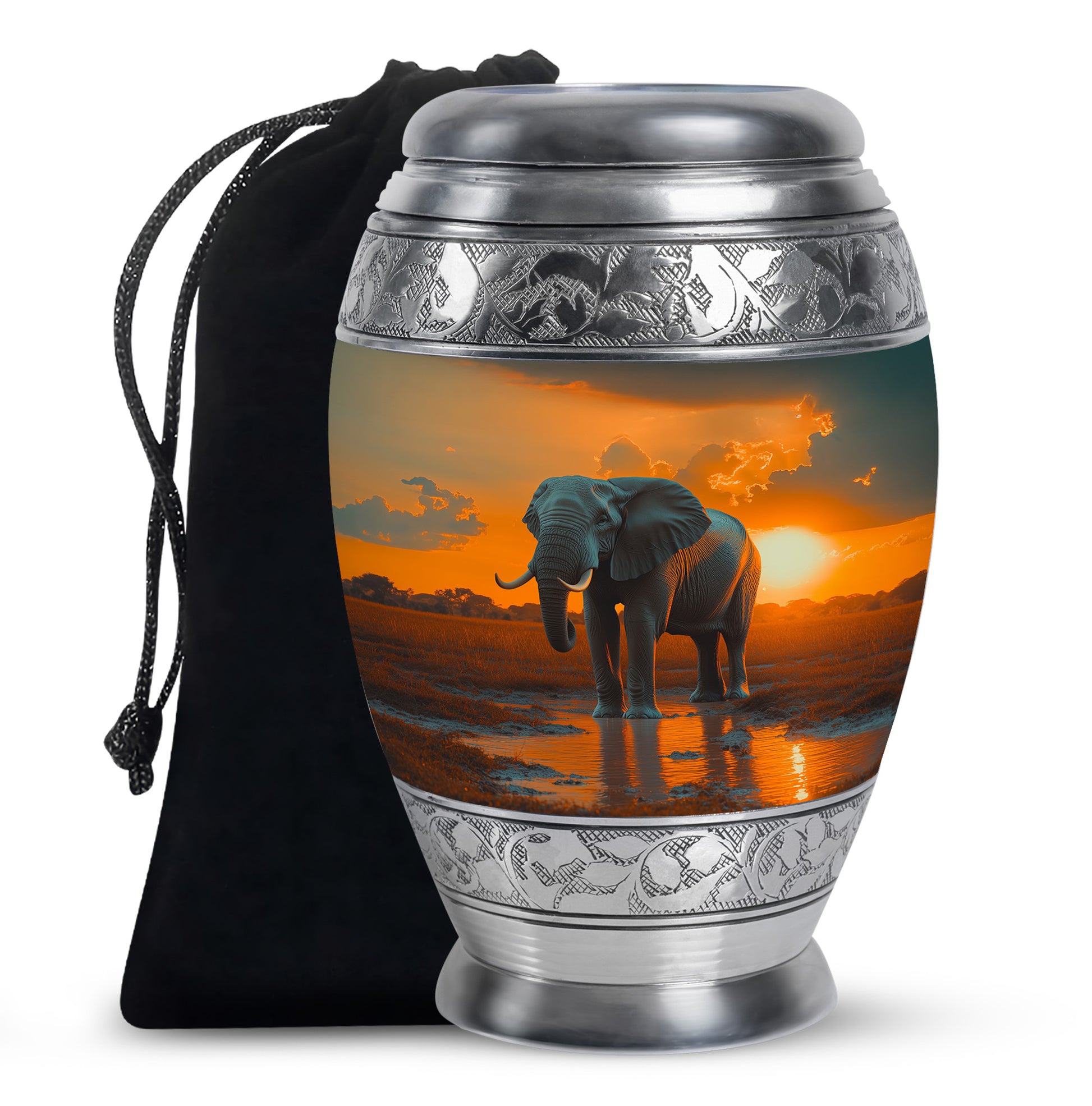 Royal Gold Elephant Cremation Urn back view with polished surface - majestic elephant pattern with filigree border - full-size 10 inch 200 cubic inch adult cremation urn
