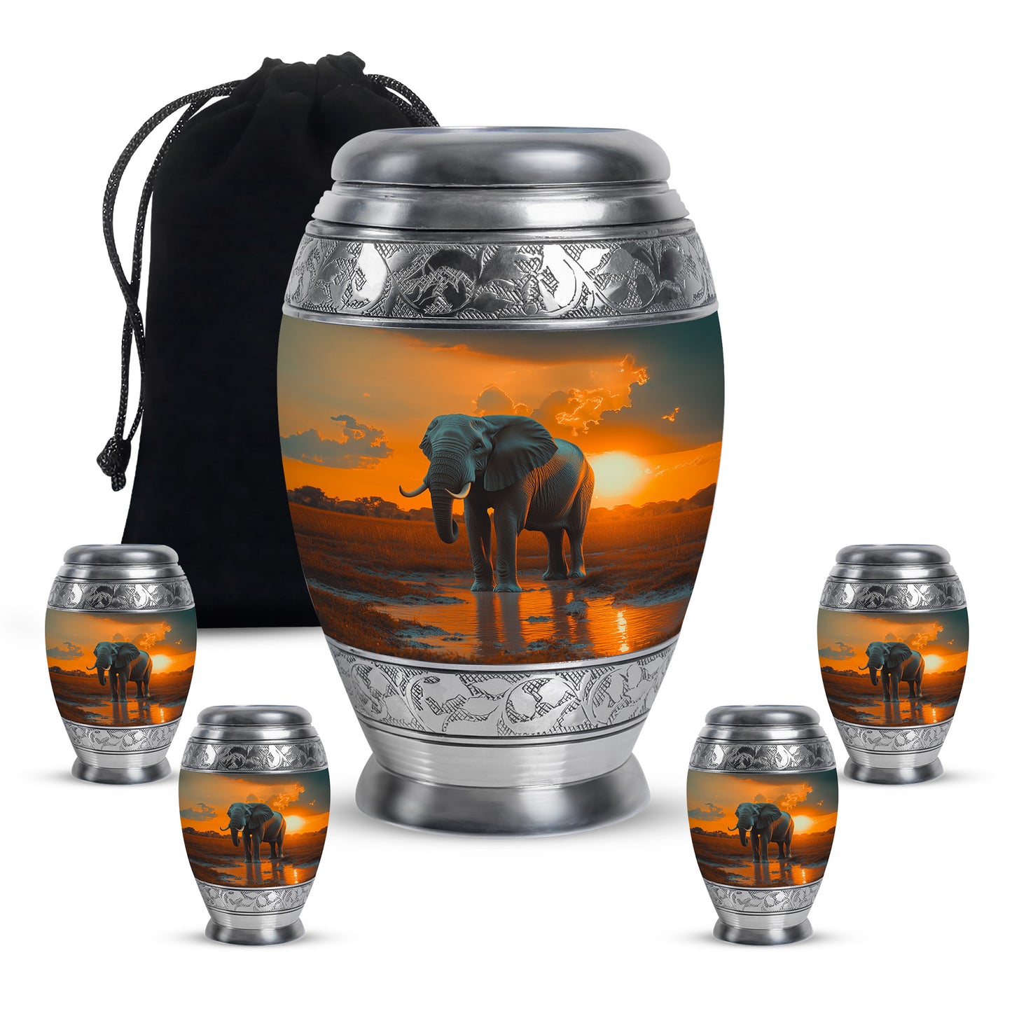 Amber Gold Elephant Cremation Urn detail view - regal elephant design with crown-inspired accents - memorial set with one large and four small urns