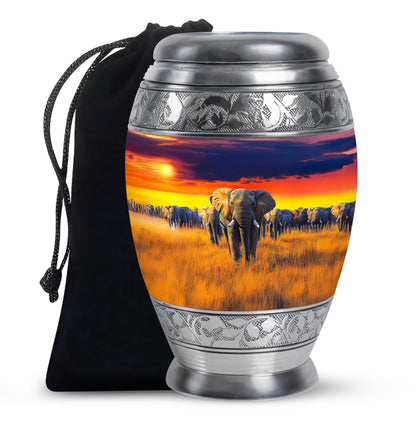 Bright Blue Elephant Cremation Urn back view with polished surface - royal elephant engraving with decorative scrollwork - full-size 10 inch 200 cubic inch adult cremation urn