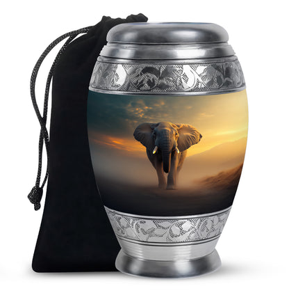 Deep Black Elephant Cremation Urn back view with polished surface - regal elephant design with crown-inspired accents - full-size 10 inch 200 cubic inch adult cremation urn