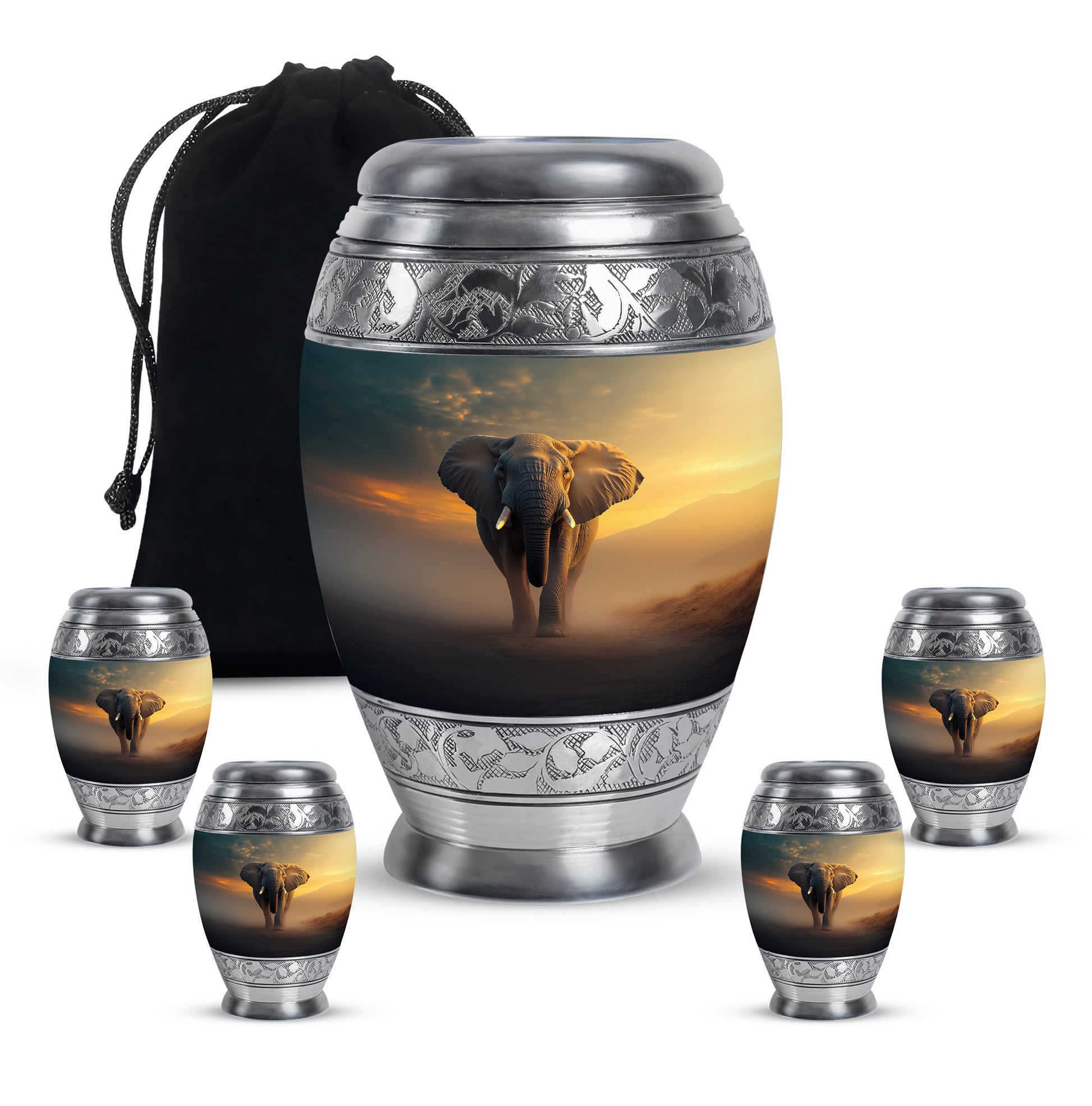 Obsidian Black Elephant Cremation Urn detail view - royal elephant engraving with decorative scrollwork - memorial set with one large and four small urns