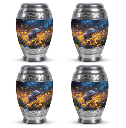Steel Blue Elephant Cremation Urn urn with complimentary velvet bag - royal elephant engraving with decorative scrollwork - 10 inch aluminum urn for cremated remains