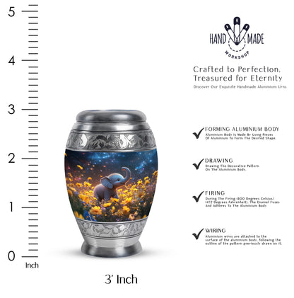 Calming Blue Elephant Cremation Urn lifestyle display on memorial shelf - royal elephant engraving with decorative scrollwork - mini keepsake memorial for portion of cremation ashes