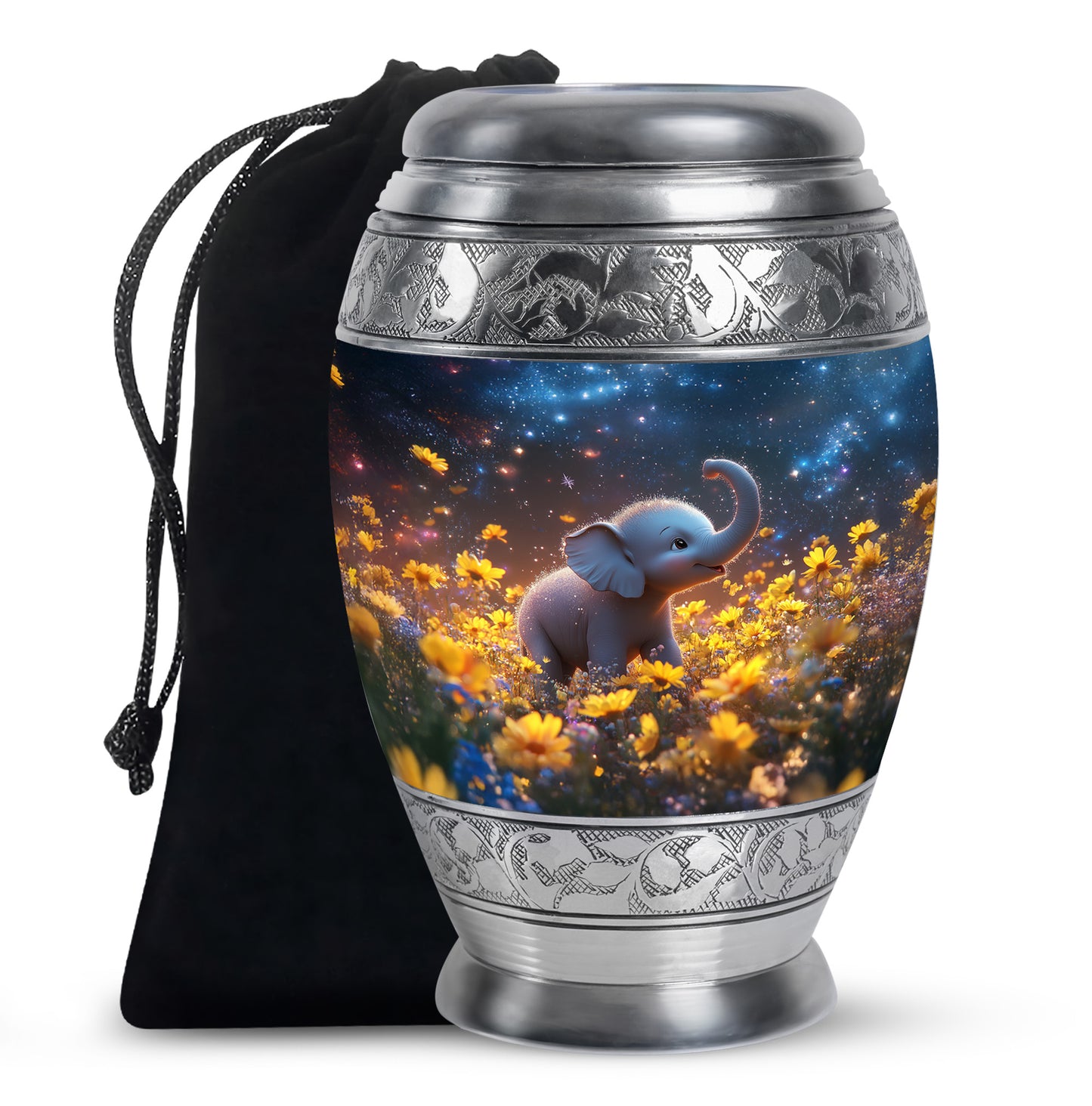 Royal Blue Elephant Cremation Urn back view with polished surface - royal elephant engraving with decorative scrollwork - full-size 10 inch 200 cubic inch adult cremation urn