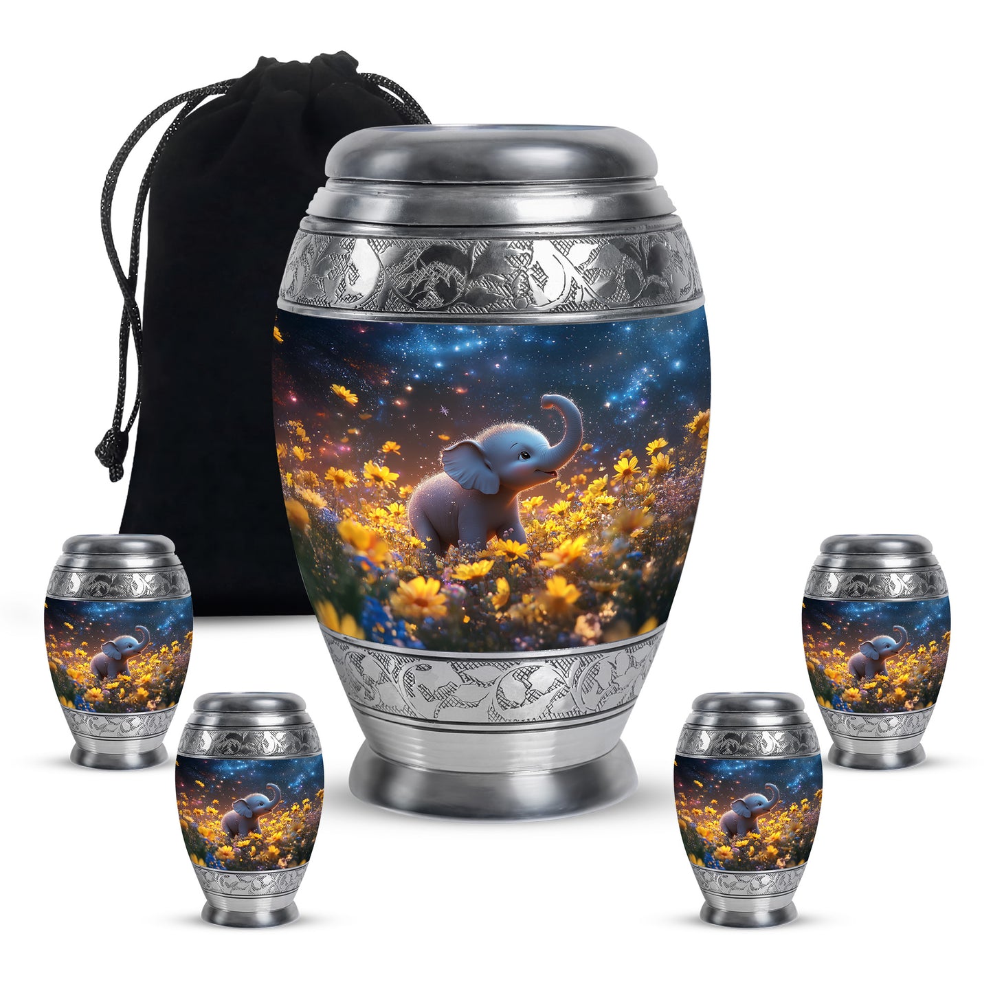 Indigo Elephant Cremation Urn detail view - regal elephant design with crown-inspired accents - memorial set with one large and four small urns