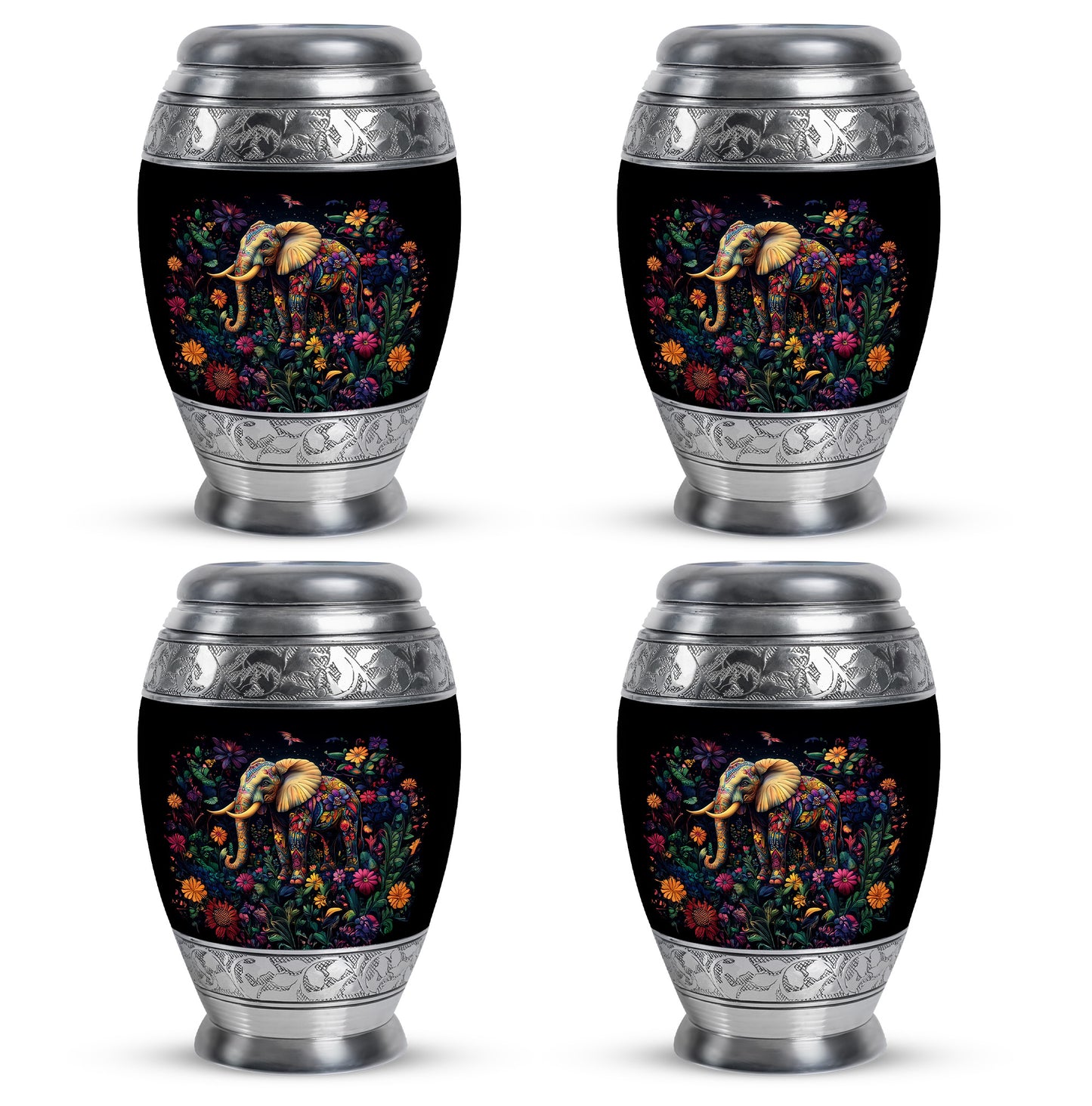 Onyx Black Elephant Cremation Urn urn with complimentary velvet bag - majestic elephant pattern with filigree border - 10 inch aluminum urn for cremated remains