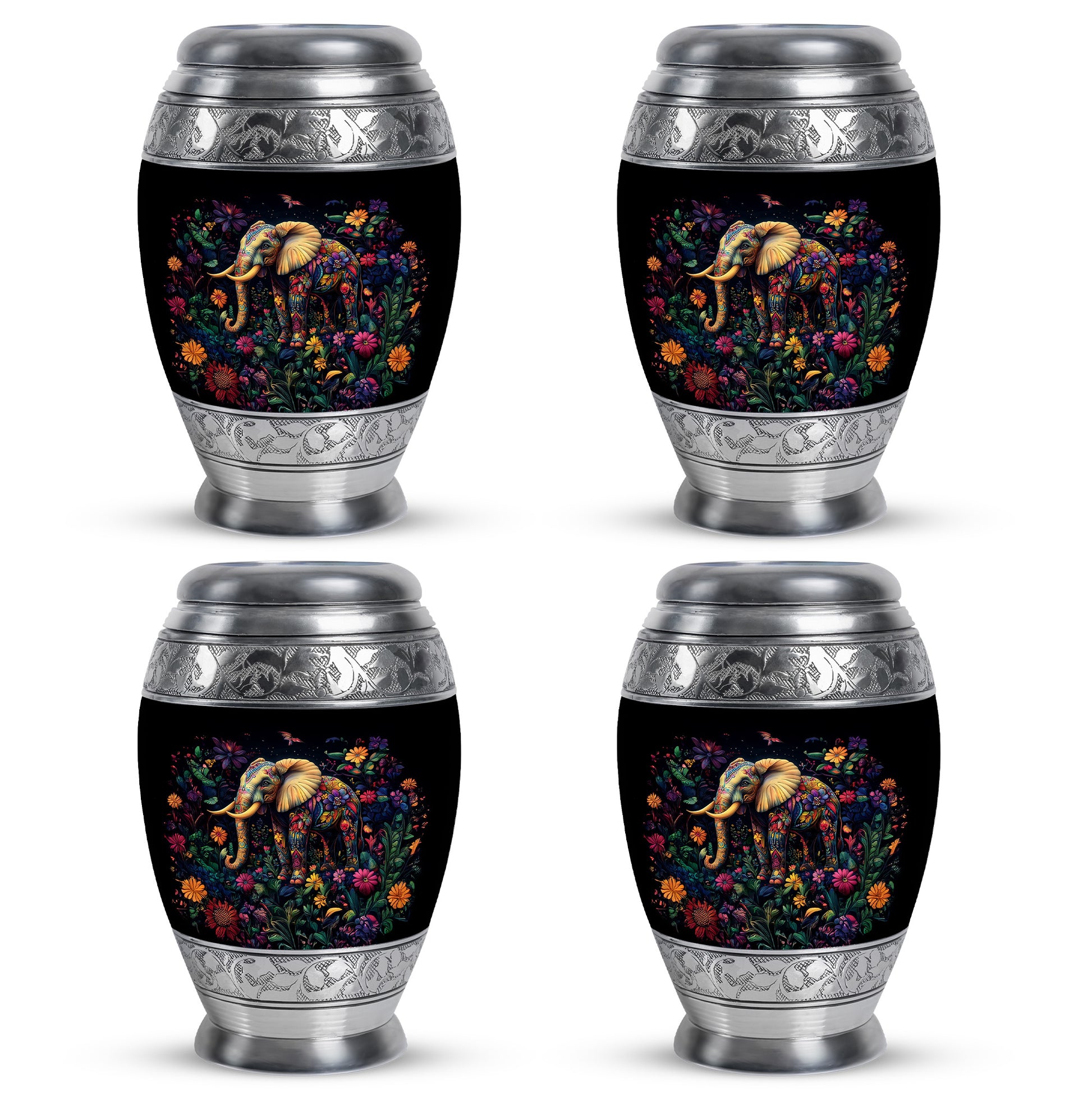 Onyx Black Elephant Cremation Urn urn with complimentary velvet bag - majestic elephant pattern with filigree border - 10 inch aluminum urn for cremated remains