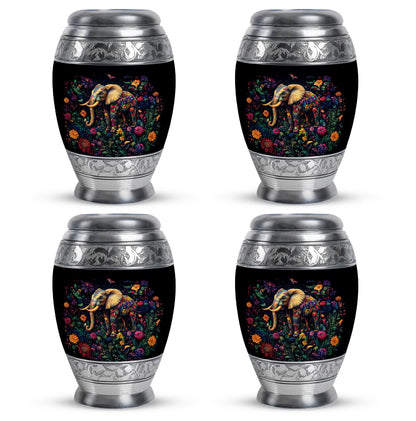 Onyx Black Elephant Cremation Urn urn with complimentary velvet bag - majestic elephant pattern with filigree border - 10 inch aluminum urn for cremated remains