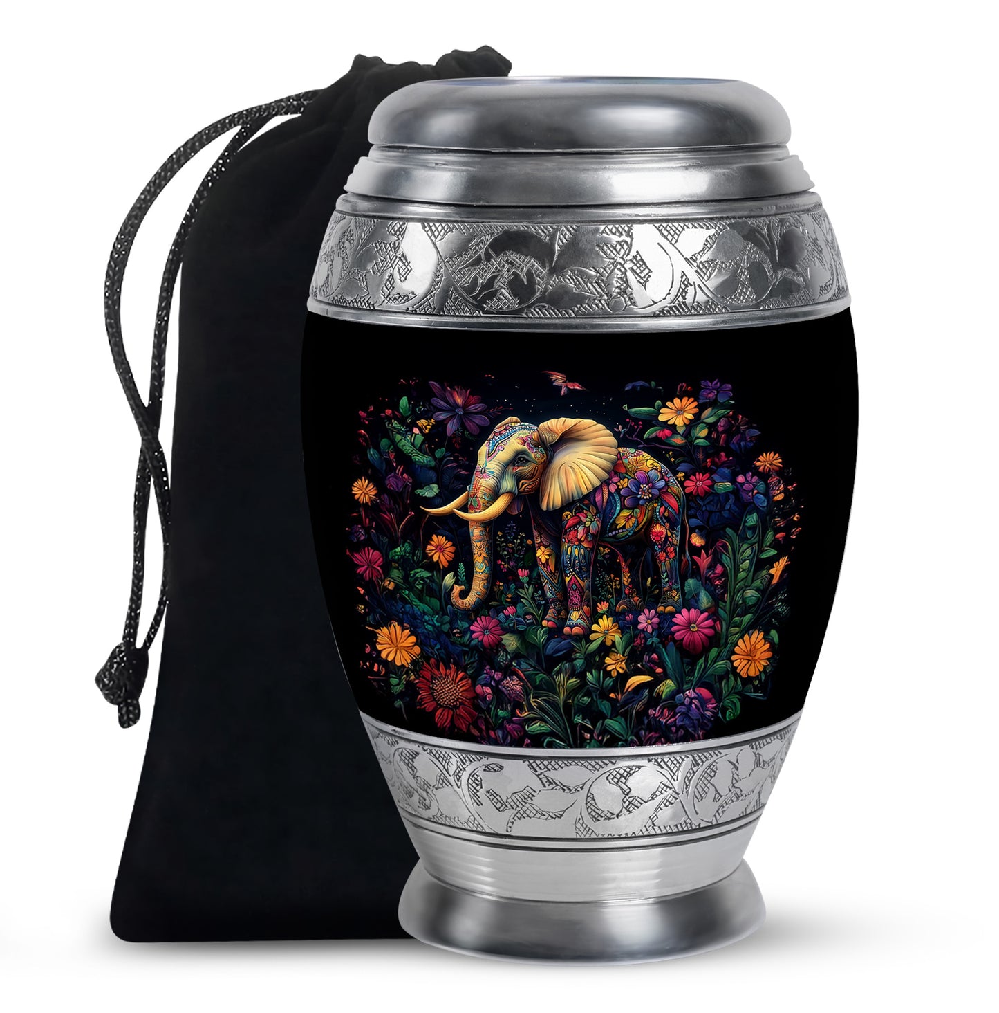 Obsidian Black Elephant Cremation Urn back view with polished surface - majestic elephant pattern with filigree border - full-size 10 inch 200 cubic inch adult cremation urn