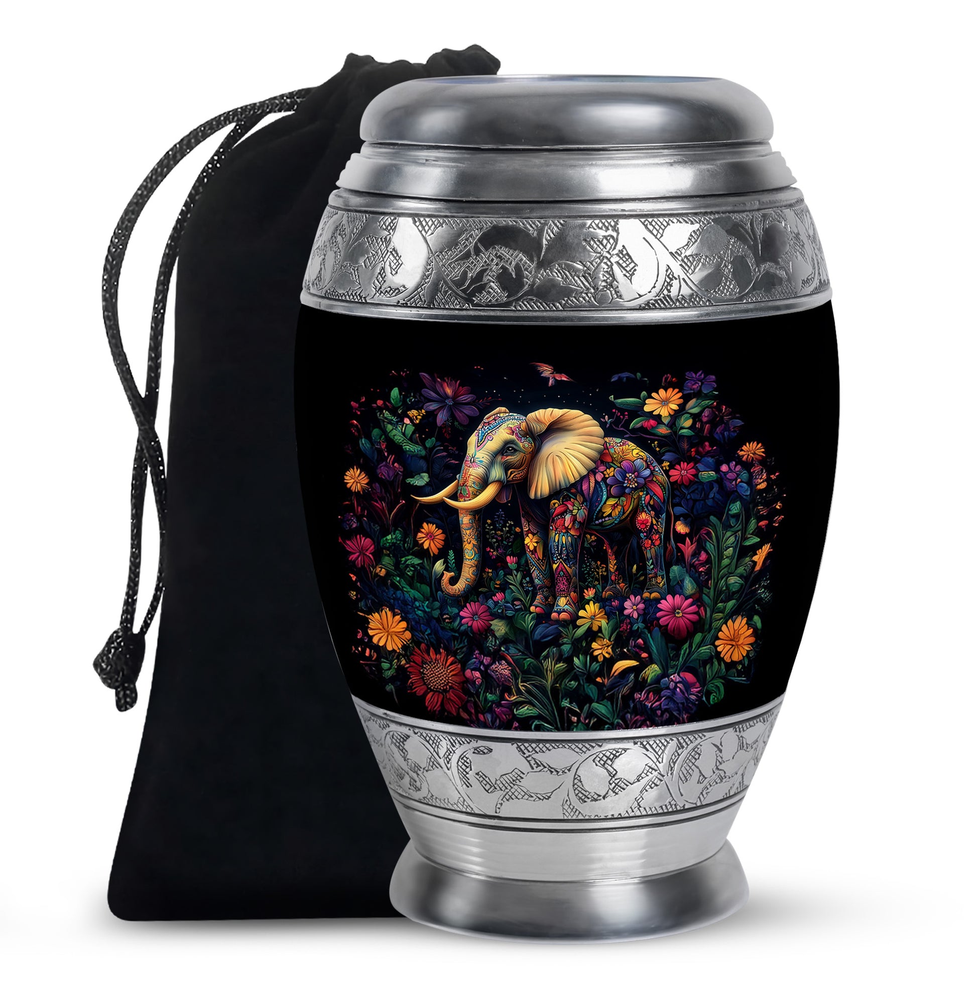Obsidian Black Elephant Cremation Urn back view with polished surface - majestic elephant pattern with filigree border - full-size 10 inch 200 cubic inch adult cremation urn