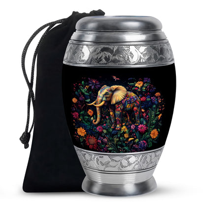 Obsidian Black Elephant Cremation Urn back view with polished surface - majestic elephant pattern with filigree border - full-size 10 inch 200 cubic inch adult cremation urn