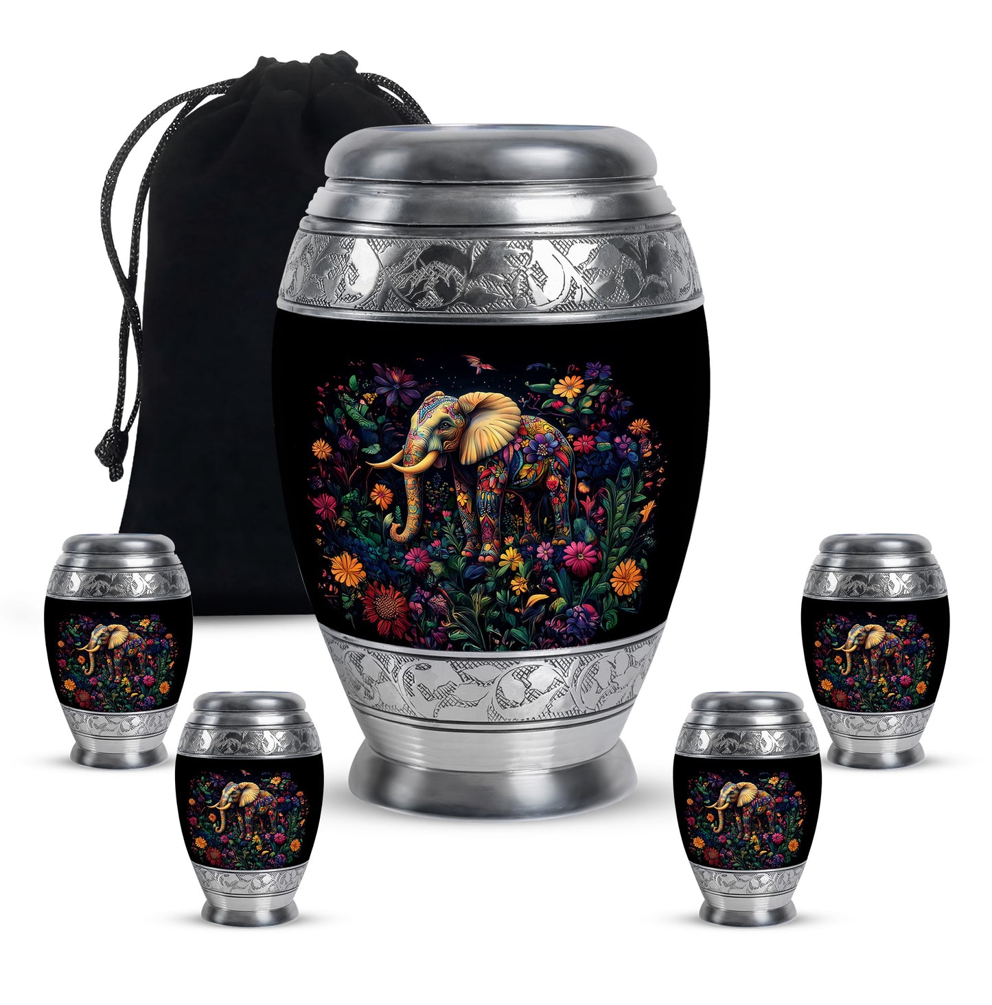 Jet Black Elephant Cremation Urn detail view - regal elephant design with crown-inspired accents - memorial set with one large and four small urns
