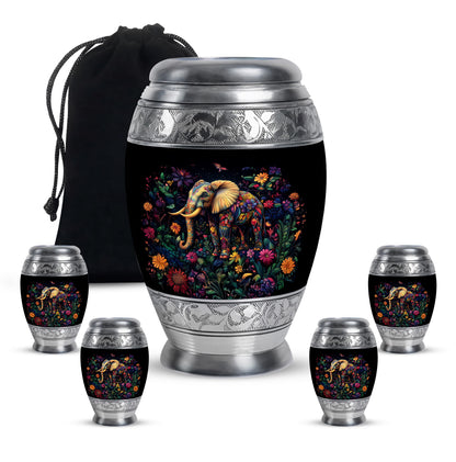 Jet Black Elephant Cremation Urn detail view - regal elephant design with crown-inspired accents - memorial set with one large and four small urns
