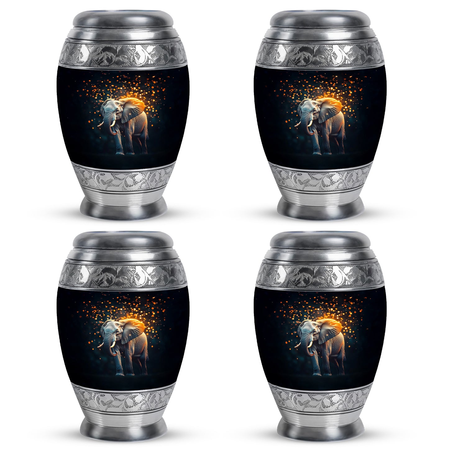 Dark Black Elephant Cremation Urn urn with complimentary velvet bag - royal elephant engraving with decorative scrollwork - 10 inch aluminum urn for cremated remains