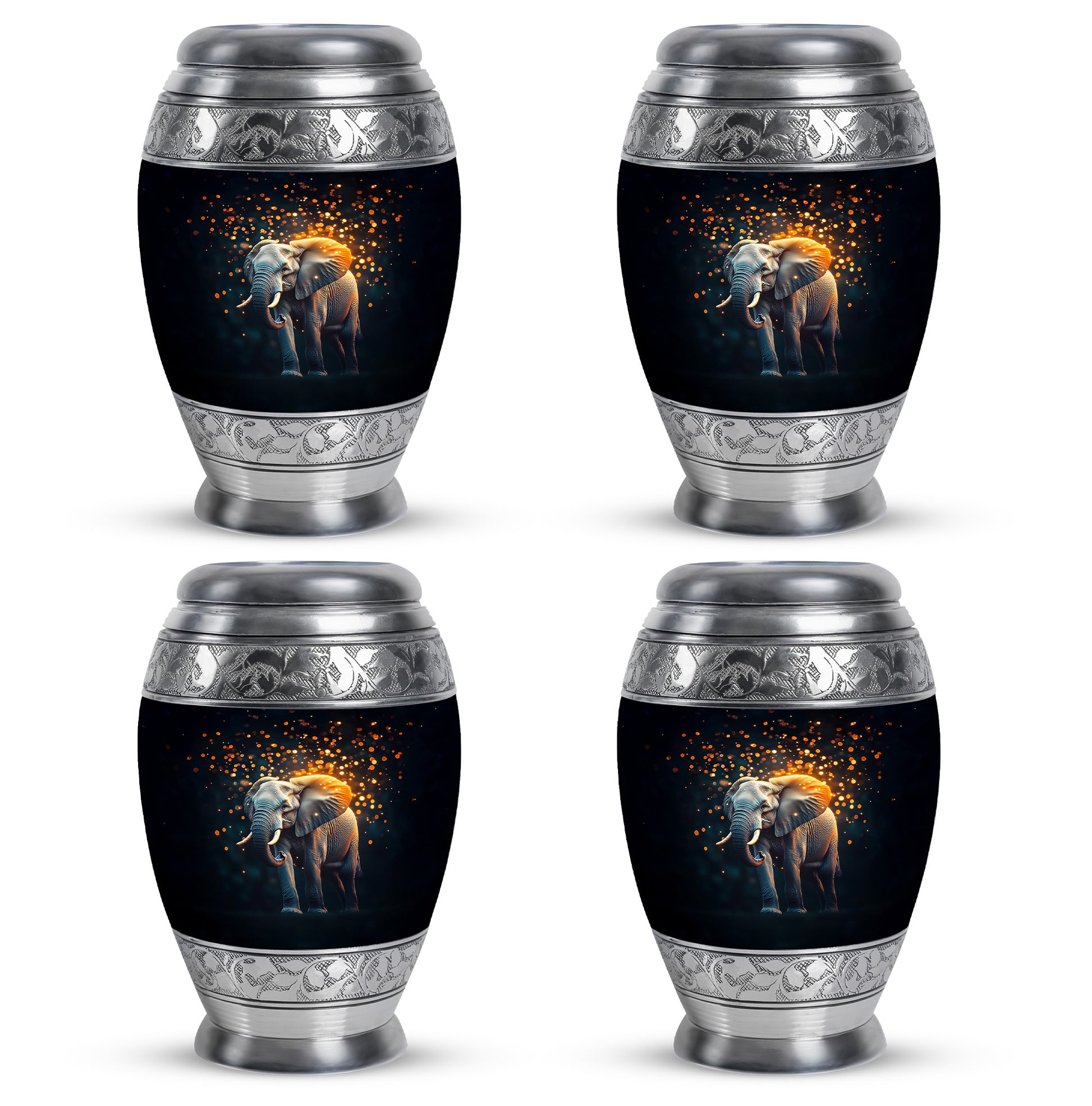 Dark Black Elephant Cremation Urn urn with complimentary velvet bag - royal elephant engraving with decorative scrollwork - 10 inch aluminum urn for cremated remains