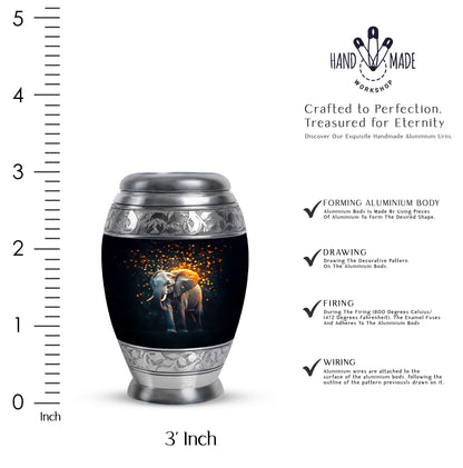 Ebony Elephant Cremation Urn lifestyle display on memorial shelf - ornate monarch-style elephant relief on brushed aluminum - mini keepsake memorial for portion of cremation ashes
