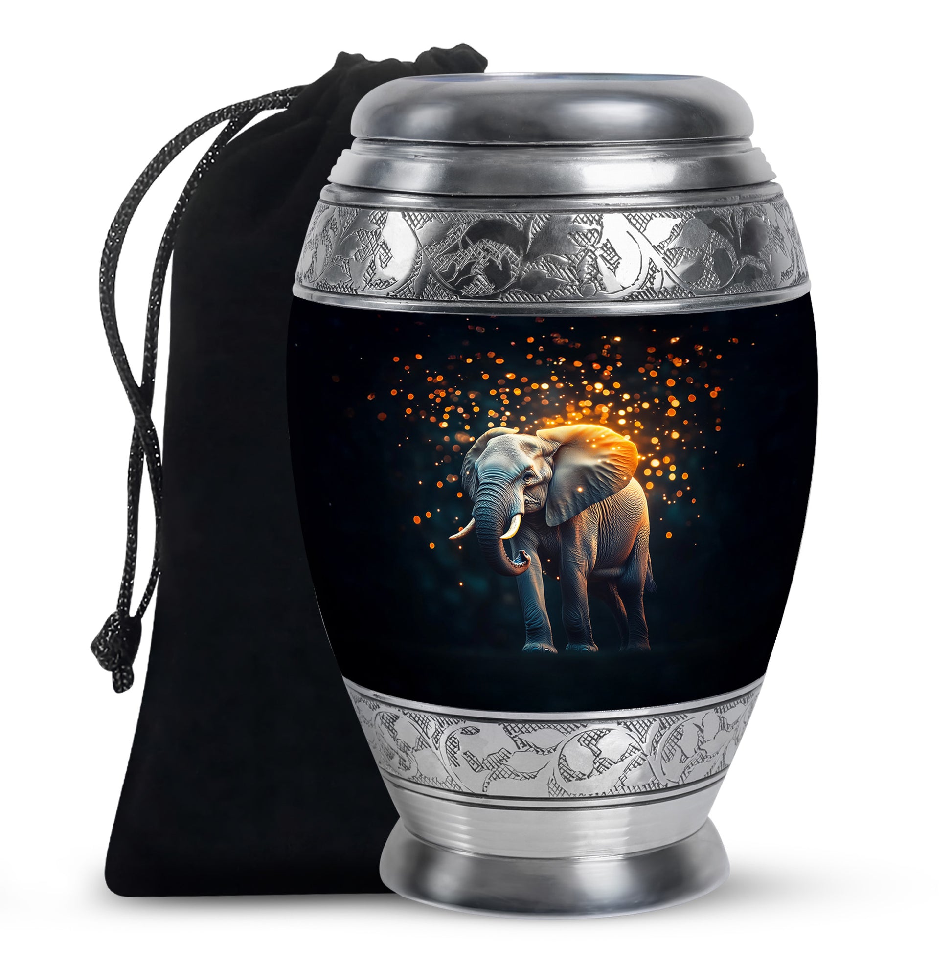 Midnight Black Elephant Cremation Urn back view with polished surface - royal elephant engraving with decorative scrollwork - full-size 10 inch 200 cubic inch adult cremation urn