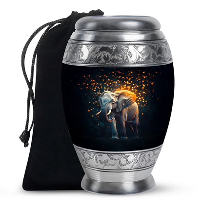 Midnight Black Elephant Cremation Urn back view with polished surface - royal elephant engraving with decorative scrollwork - full-size 10 inch 200 cubic inch adult cremation urn