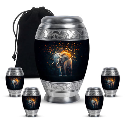 Dark Black Elephant Cremation Urn detail view - majestic elephant pattern with filigree border - memorial set with one large and four small urns