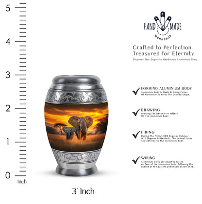 Warm Gold Elephant Cremation Urn lifestyle display on memorial shelf - royal elephant engraving with decorative scrollwork - mini keepsake memorial for portion of cremation ashes