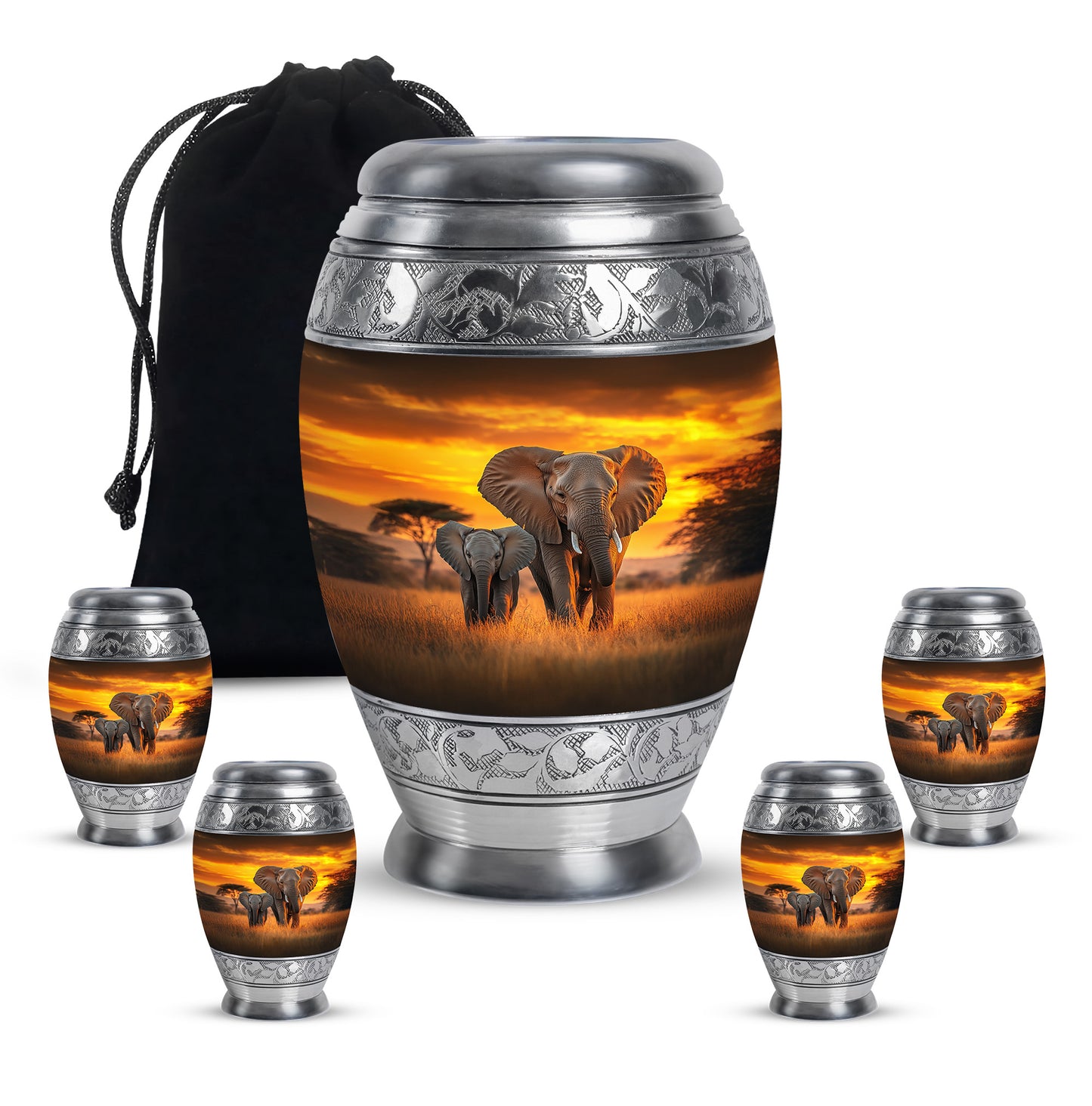 Champagne Gold Elephant Cremation Urn detail view - regal elephant design with crown-inspired accents - memorial set with one large and four small urns