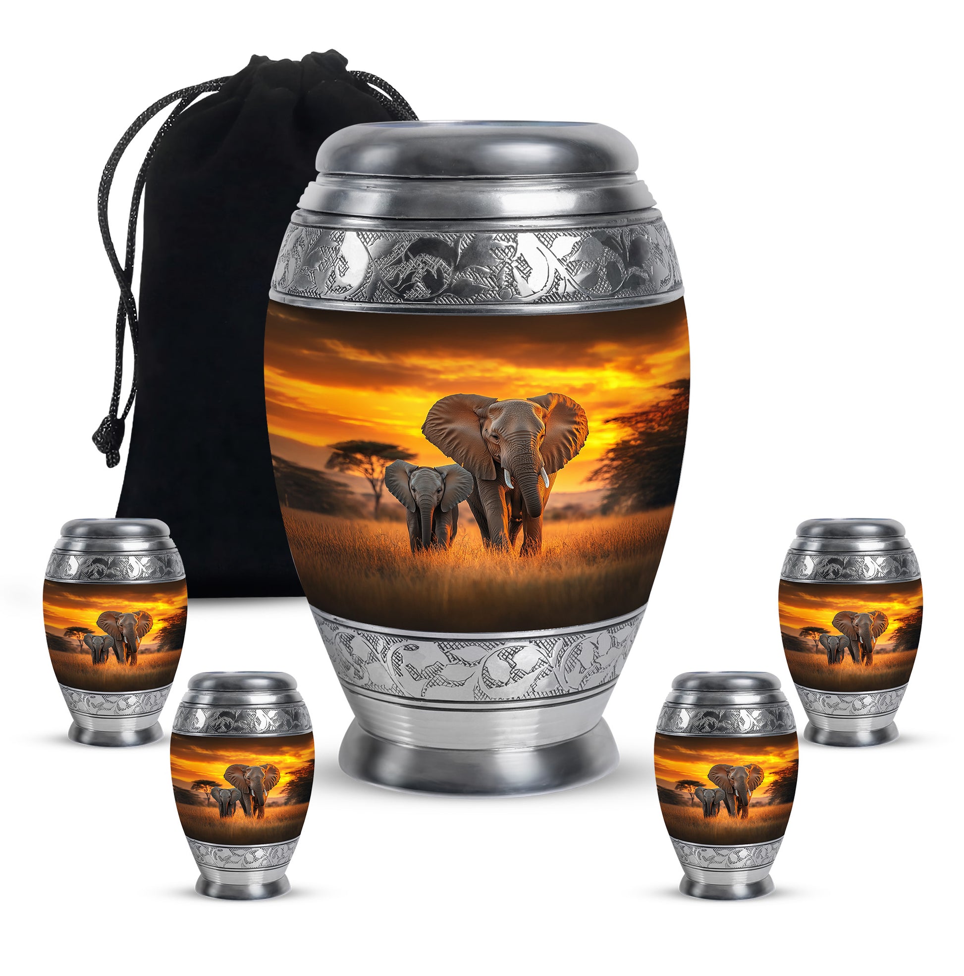 Champagne Gold Elephant Cremation Urn detail view - regal elephant design with crown-inspired accents - memorial set with one large and four small urns
