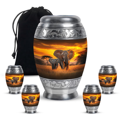 Champagne Gold Elephant Cremation Urn detail view - regal elephant design with crown-inspired accents - memorial set with one large and four small urns