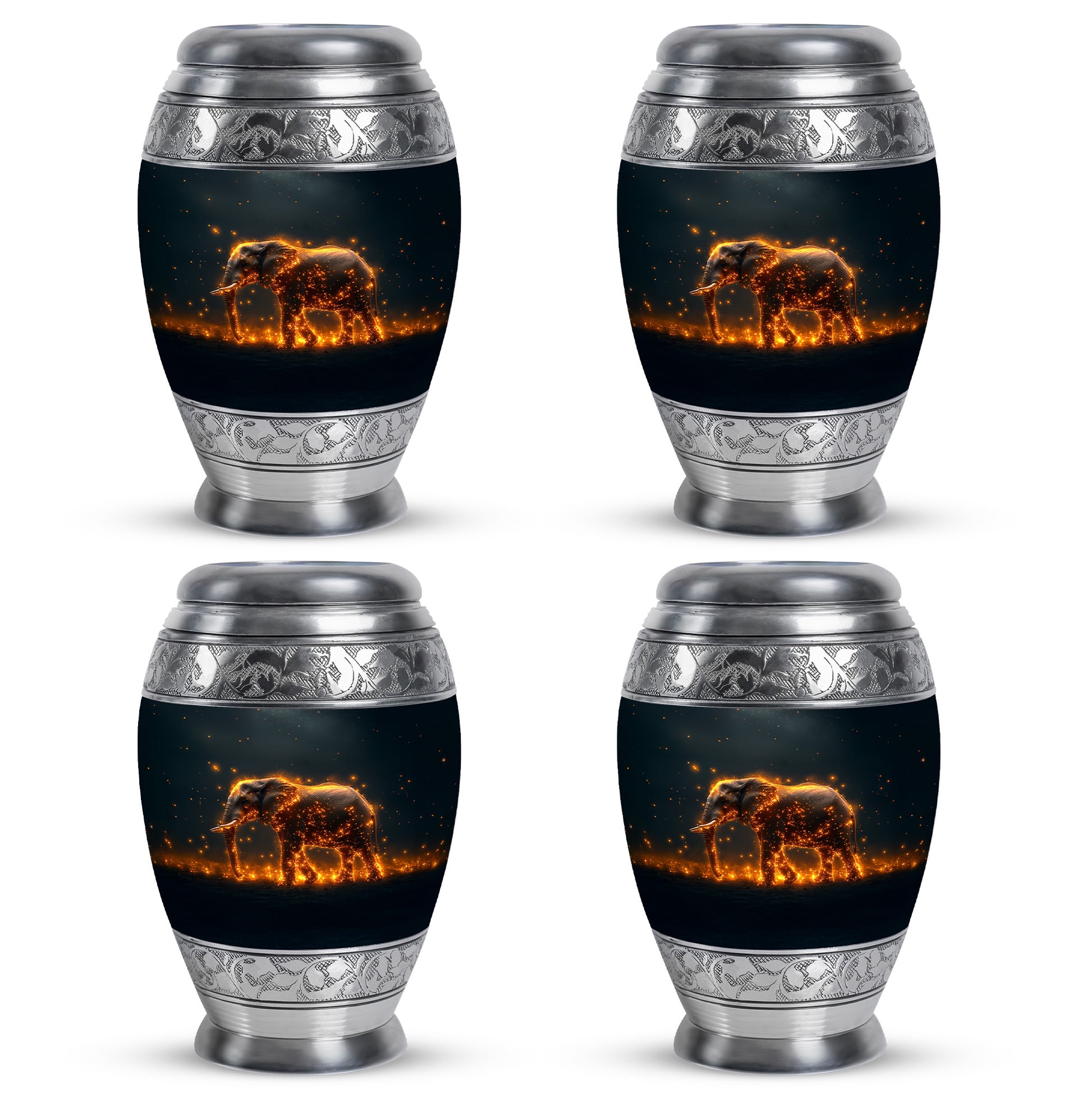 Deep Teal Elephant Cremation Urn urn with complimentary velvet bag - royal elephant engraving with decorative scrollwork - 10 inch aluminum urn for cremated remains