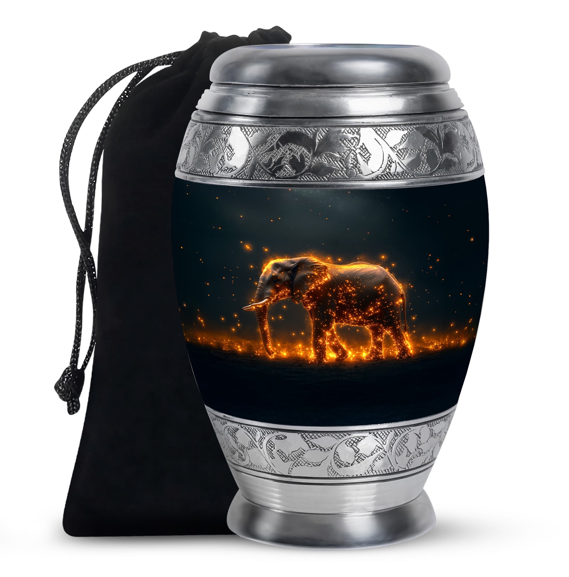 Soft Teal Elephant Cremation Urn back view with polished surface - regal elephant design with crown-inspired accents - full-size 10 inch 200 cubic inch adult cremation urn