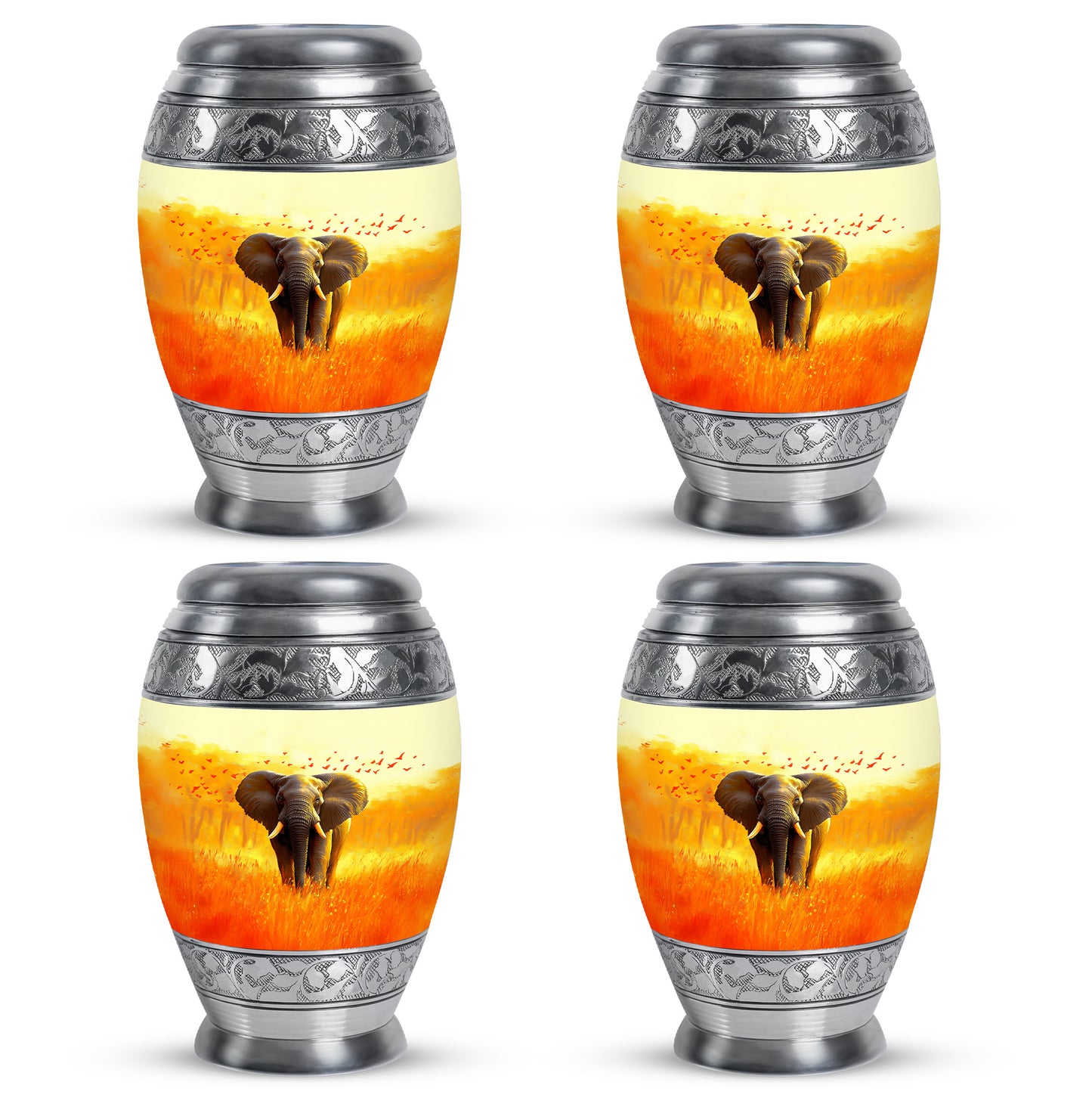 Royal Gold Elephant Cremation Urn urn with complimentary velvet bag - royal elephant engraving with decorative scrollwork - 10 inch aluminum urn for cremated remains